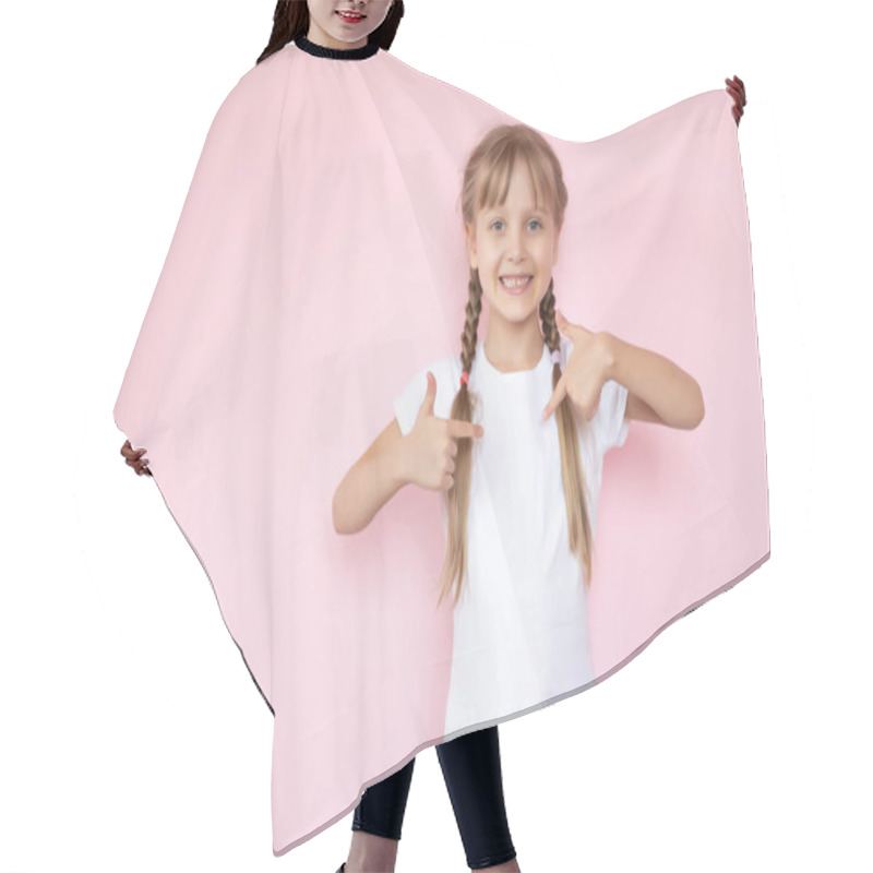 Personality  T-shirt Design Concept - Smiling Little Girl In Blank White T-shirt Pointing At Herself Hair Cutting Cape