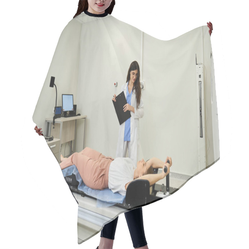 Personality  A Dedicated Female Doctor Helps A Patient Feel Comfortable On The MRI Machine. Hair Cutting Cape