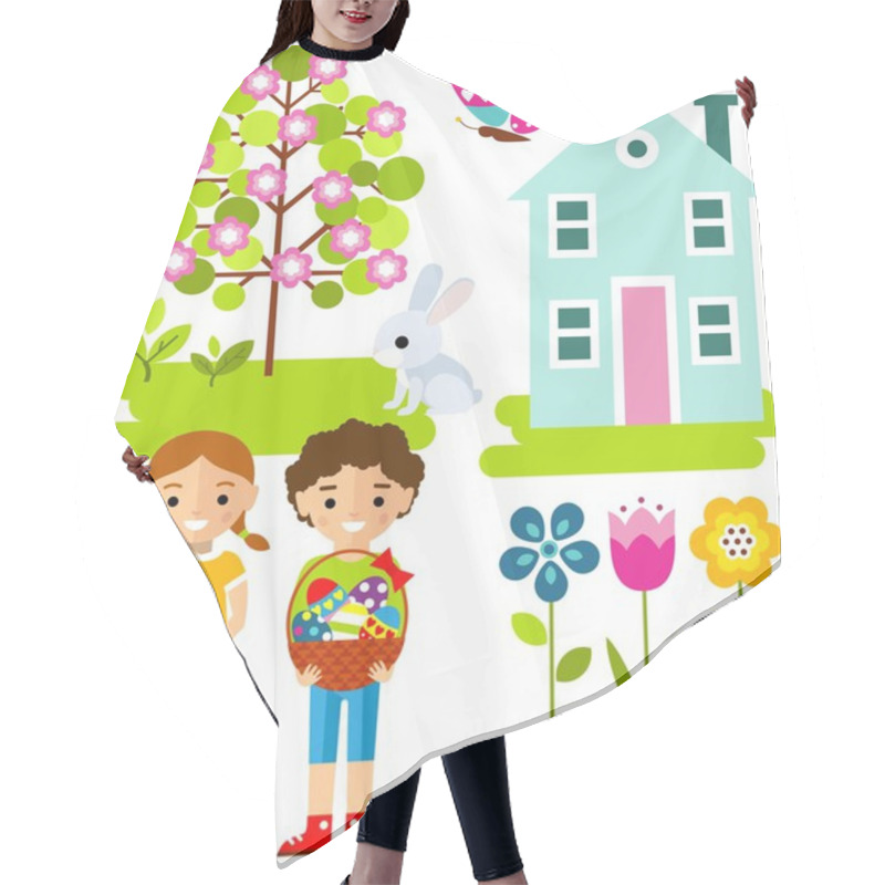 Personality  Set Of Vector Illustration Spring Season With Tree, Children And House In Flat Style. Hair Cutting Cape