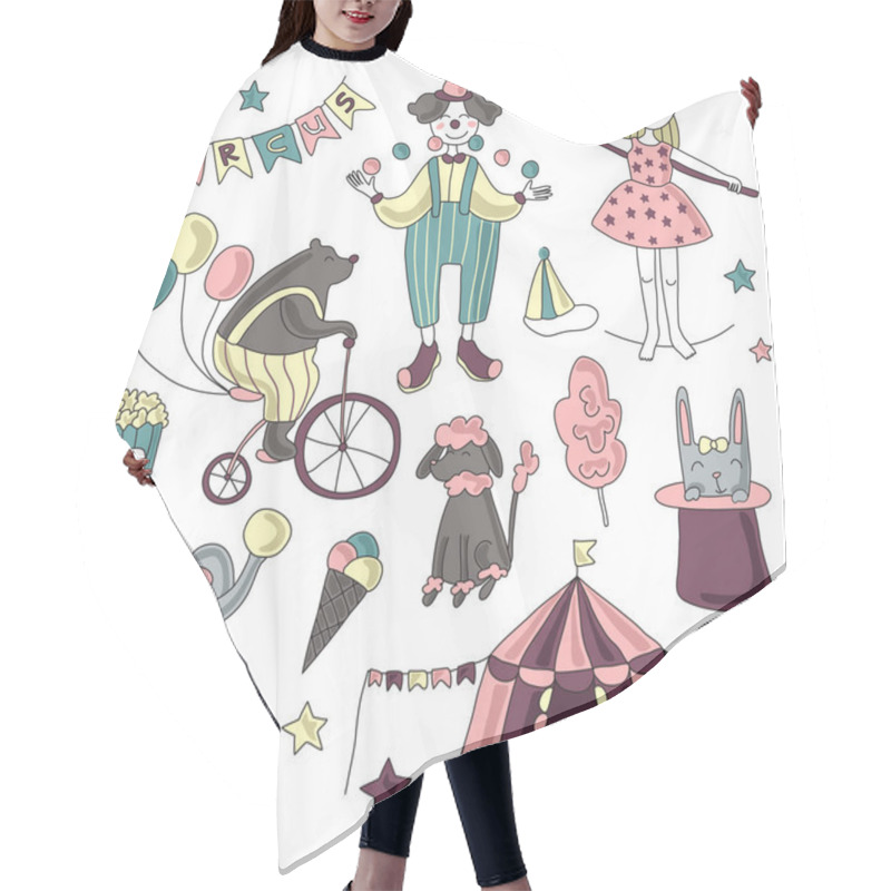 Personality  Traveling Chapiteau Circus. Vector Illustration, Set Of Circus Performers, Trained Animals And Circus Props. Hair Cutting Cape