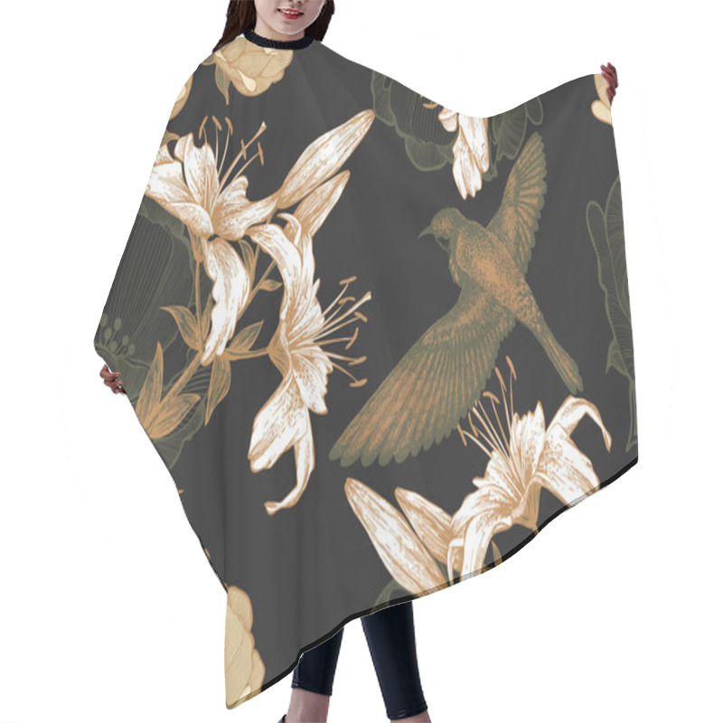 Personality  Bird On A Black Floral Background Of Lilies And Roses. Seamless  Hair Cutting Cape