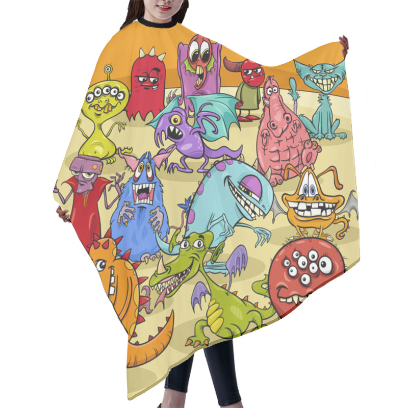 Personality  Cartoon Illustration Of Funny Monsters Fantasy Characters Group Hair Cutting Cape