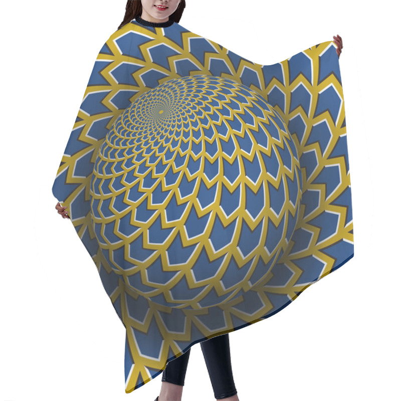 Personality  Optical Illusion Vector Illustration. Yellow Blue Arrows Patterned Sphere Soaring Above The Same Surface. Hair Cutting Cape