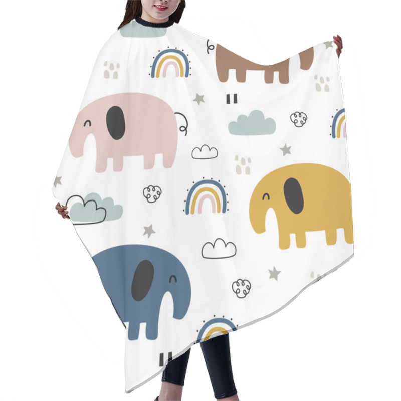 Personality  Little Elephant Seamless Pattern With Cloudy Sky And Rainbow. Cute Animal Cartoon Backgrounds For Print, Wallpapers, Clothing, Textiles, Vector Illustrations. Hair Cutting Cape