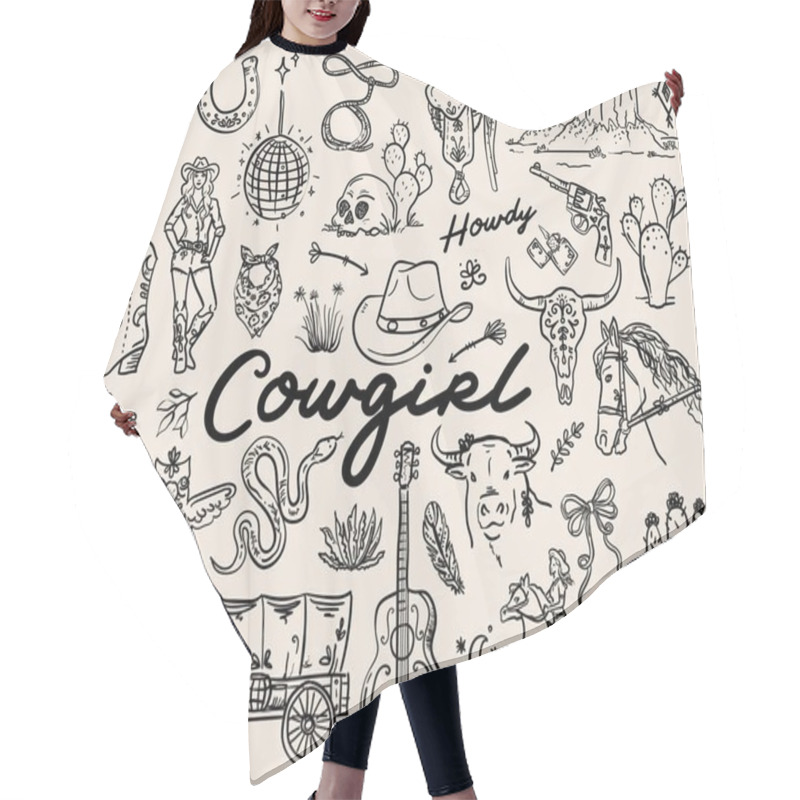 Personality  Hand Drawn Whimsical Style Cowgirl Vector Illustration Set Hair Cutting Cape