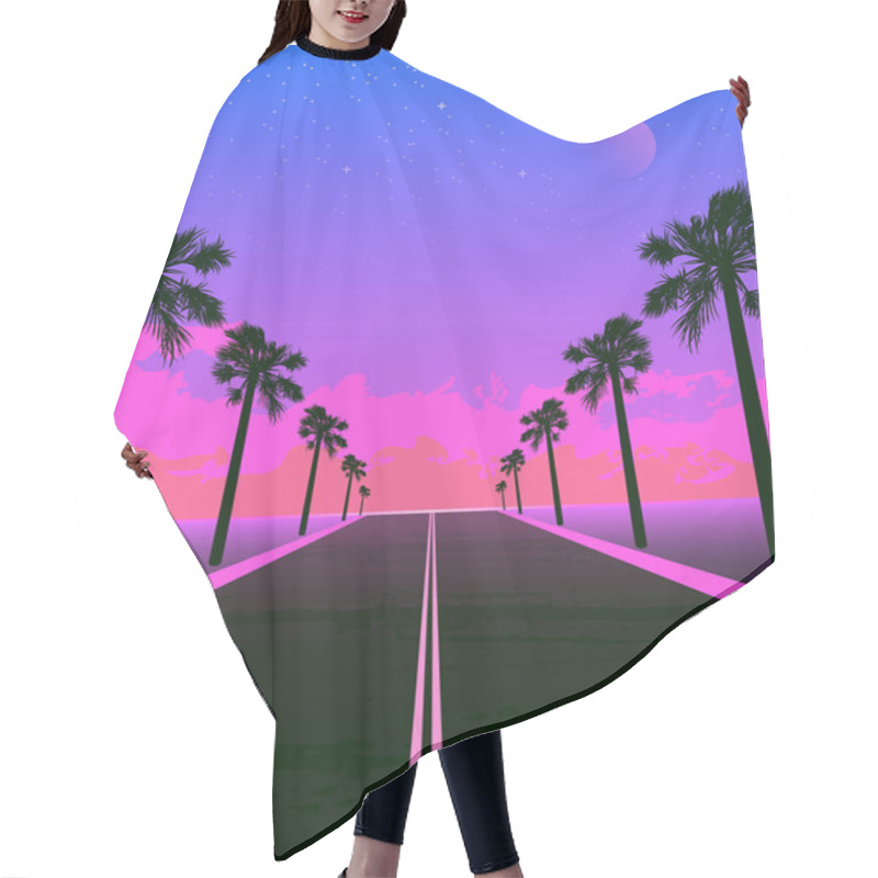 Personality  Synthwave Poster With Dream Road And Palms. Pink Sunset. Hair Cutting Cape