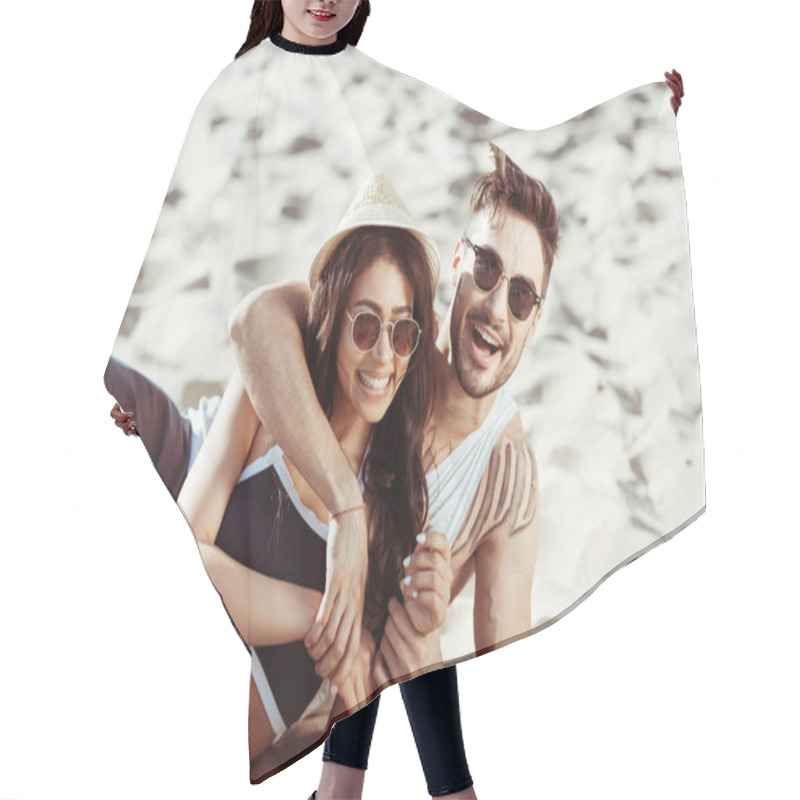 Personality  Happy Young Couple At Beach  Hair Cutting Cape