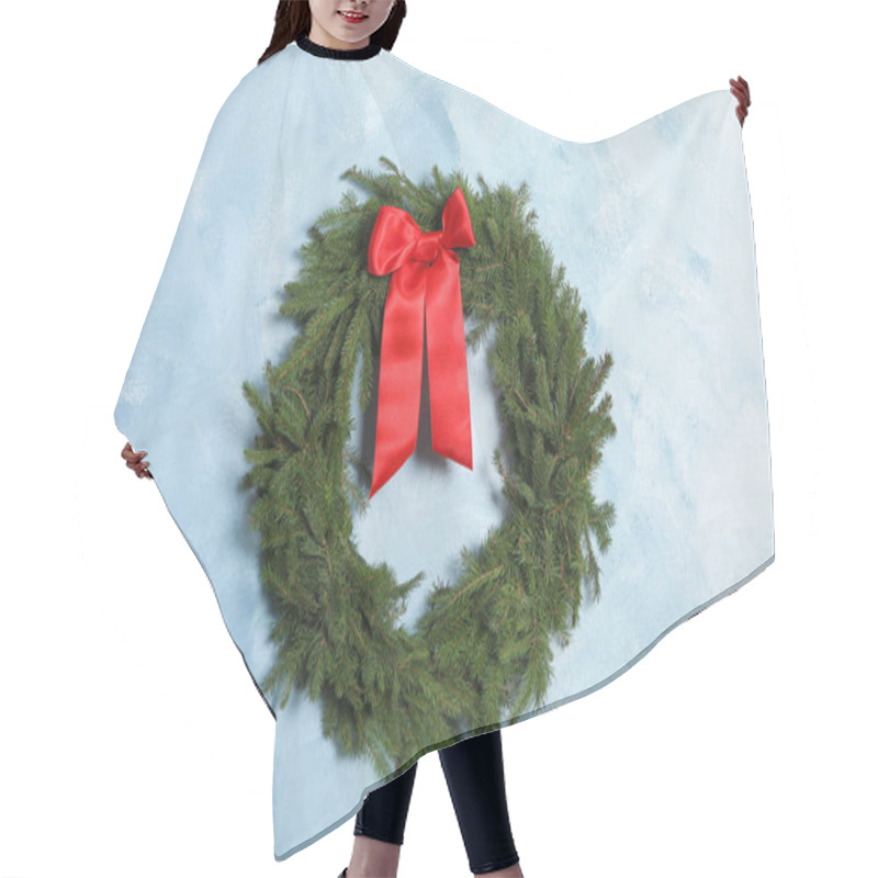 Personality  Christmas Wreath Made Of Fir Branches With Red Bow On Light Blue Wall Hair Cutting Cape