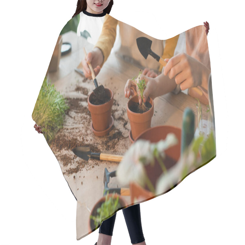 Personality  Cropped View Of Preteen Friends Planting Microgreen Near Gardening Tools At Home  Hair Cutting Cape