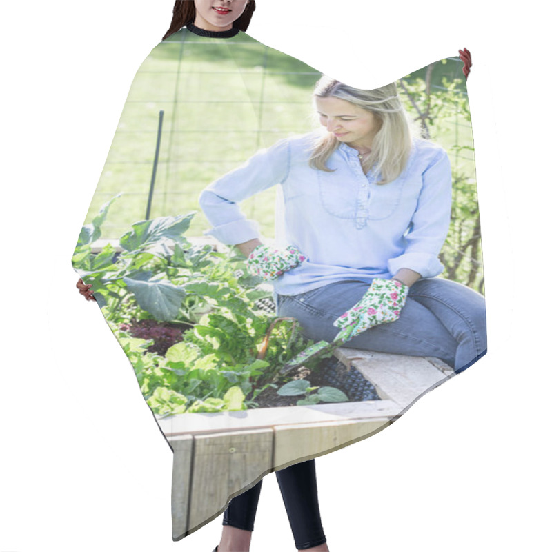 Personality  Smiling Proud Woman With Garden Scoop Sitting On Own Wooden Raised Bed In Garden  Hair Cutting Cape