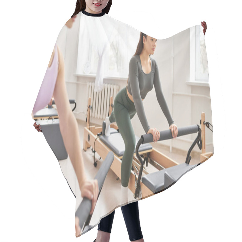 Personality  Two Women Engaging In A Fitness Routine With Exercise Equipment In A Vibrant Room. Hair Cutting Cape