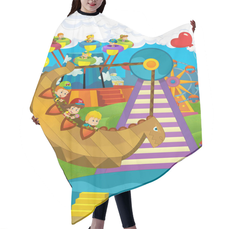 Personality  Cartoon Scene With Kids Playing In The Funfair  Hair Cutting Cape