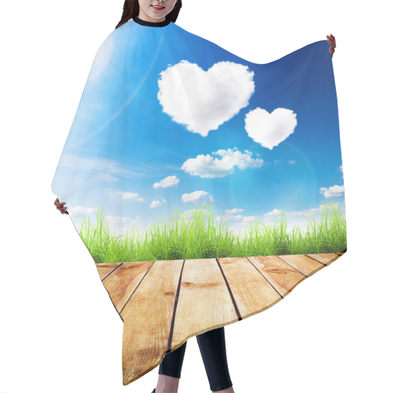 Personality  Green Grass On Wooden Plank Over A Blue Sky With Hearts Shape Clouds. Hair Cutting Cape