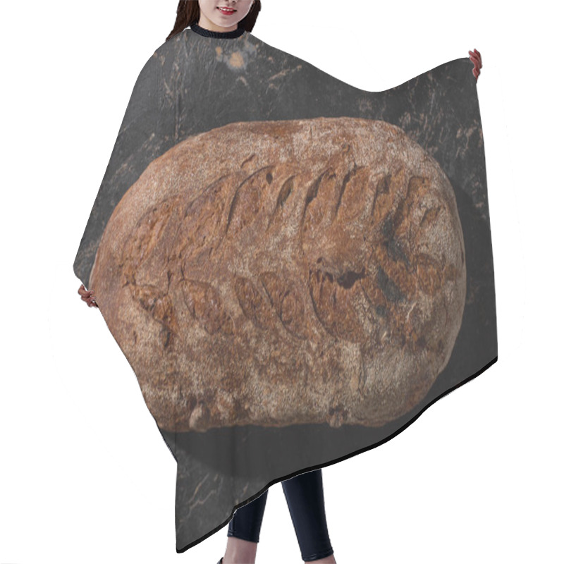 Personality  Top View Of Fresh Baked Brown Bread Loaf On Stone Black Surface Hair Cutting Cape