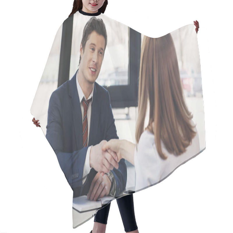 Personality  Pleased Businessman Shaking Hands With Woman After Job Interview Hair Cutting Cape