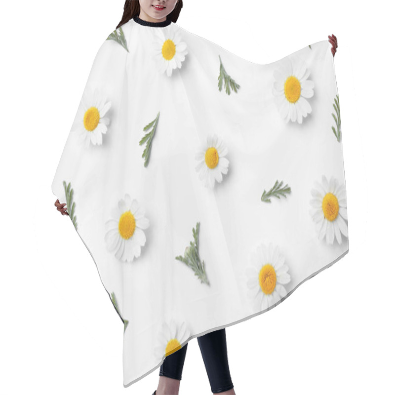 Personality  Flat Lay Composition With Fresh Chamomiles On White Background Hair Cutting Cape