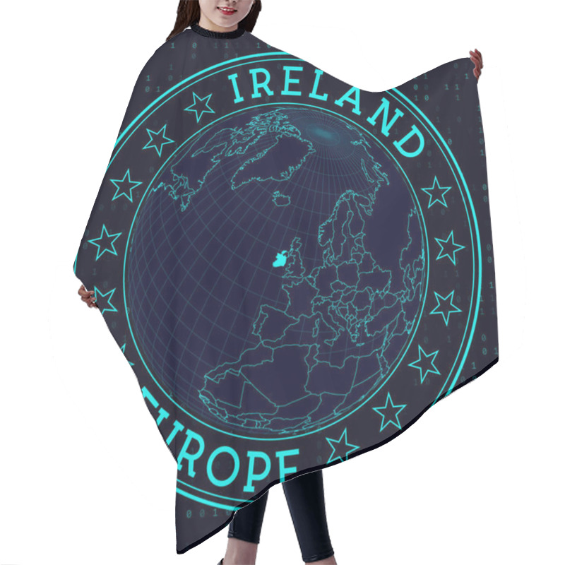 Personality  Ireland Round Sign. Futuristic Satelite View Of The World Centered To Ireland. Country Badge With Map, Round Text And Binary Background. Beautiful Vector Illustration. Hair Cutting Cape