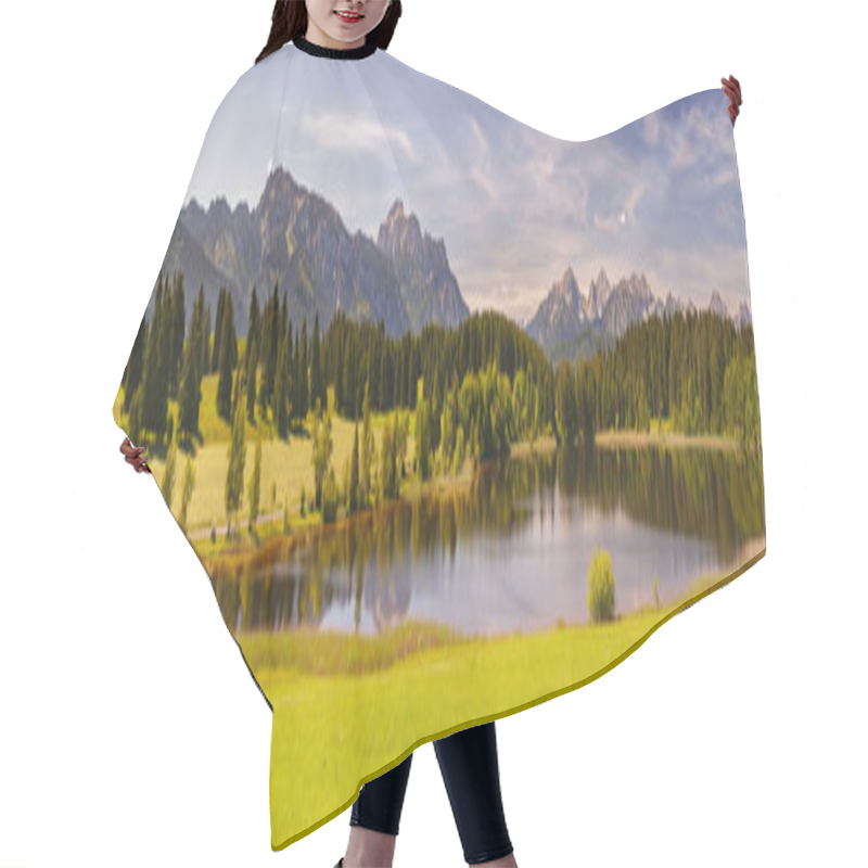 Personality  Panoramic Landscape In Region Allgaeu With Mountain Range, Lake And Maedow Hair Cutting Cape