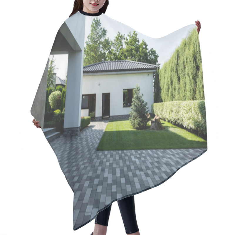 Personality  Facade Of New Modern House With Empty Parking And Green Lawn Hair Cutting Cape