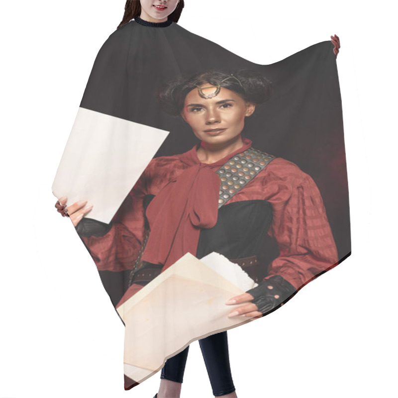 Personality  Attractive Steampunk Young Woman Holding Papers On Black Hair Cutting Cape