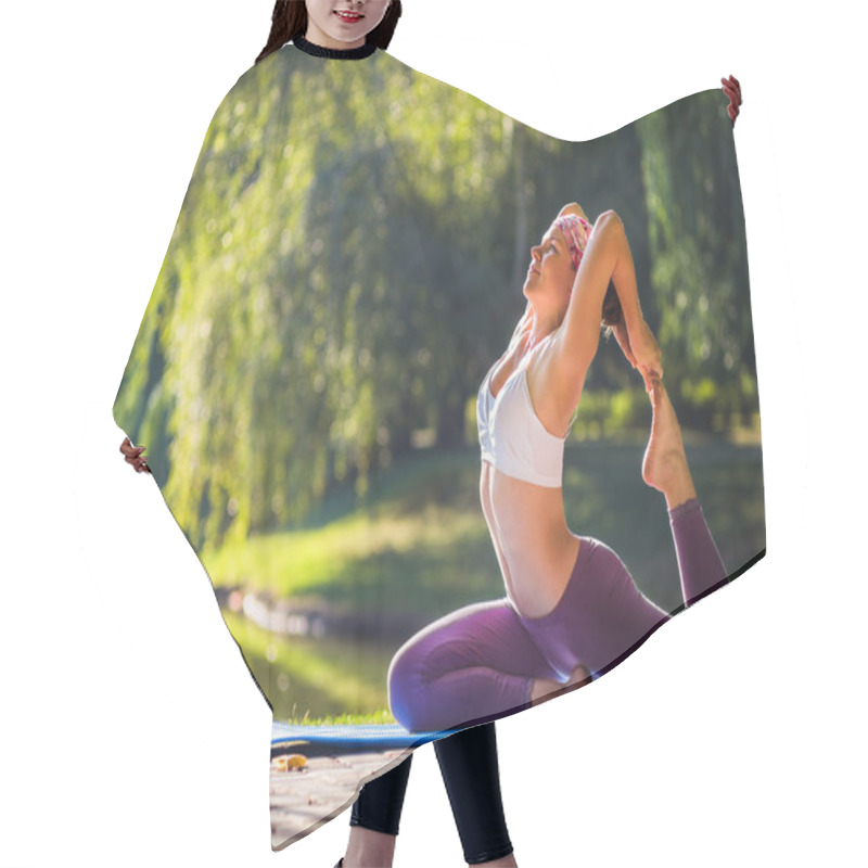 Personality  Young Woman Doing Yoga In Morning Park Hair Cutting Cape