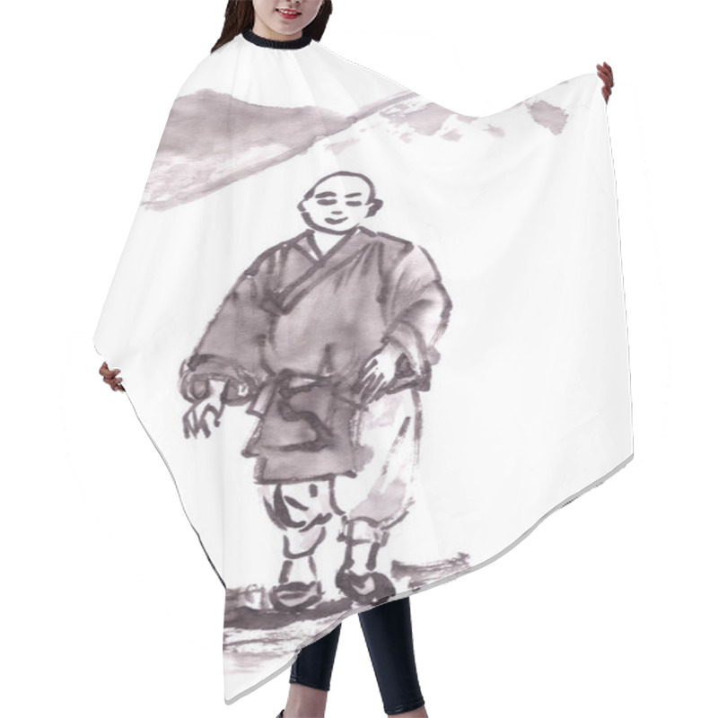 Personality  Buddhist Monk In A Monastery Ink Drawing In Chinese Style. High Quality Illustration Hair Cutting Cape