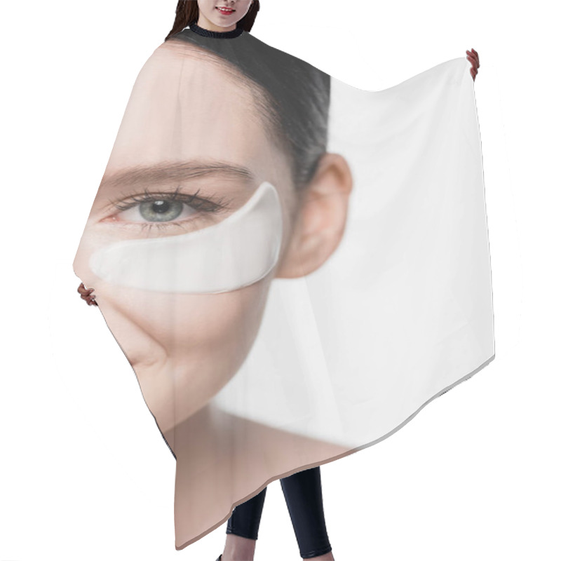 Personality  Cropped View Of Smiling Young Beautiful Woman With Vitiligo And Eye Patches On Face Isolated On White Hair Cutting Cape