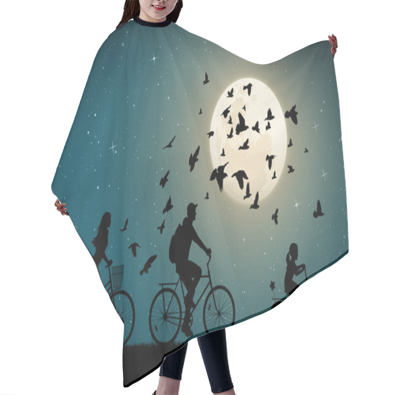 Personality  Family On Bikes On Moonlit Night. Active Rest Of Parents With Child. Vector Illustration With Silhouettes Of Cyclists And Flying Pigeons In Park. Full Moon In Starry Sky Hair Cutting Cape