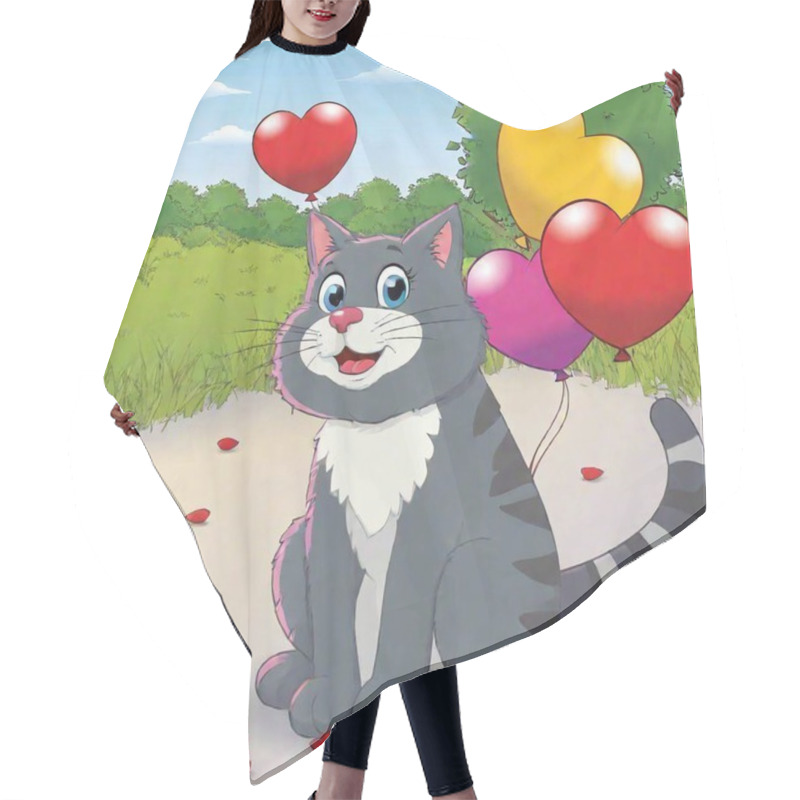 Personality  Illustration Of Cute Cat With Heart Shaped Balloons Hair Cutting Cape