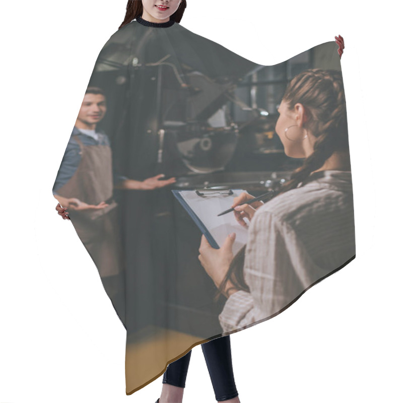 Personality  Selective Focus Of Woman Checking Colleagues Work During Coffee Roasting Process Hair Cutting Cape