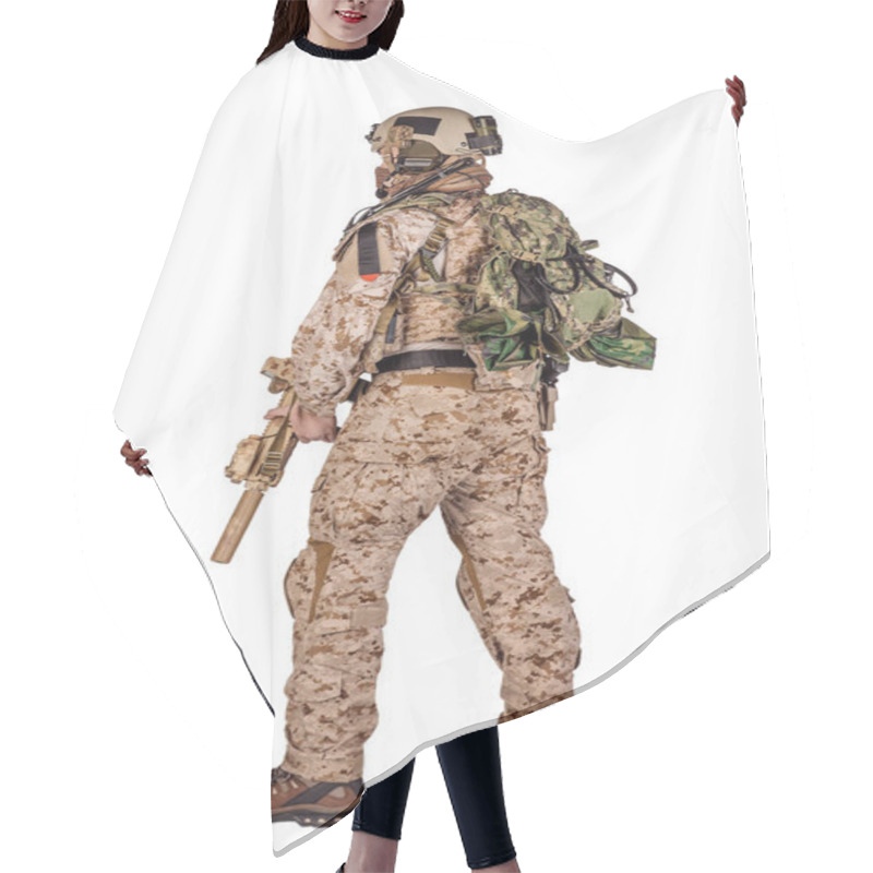 Personality  Special Forces Soldier With Rifle On White Background. Army, Military And People Concept Hair Cutting Cape