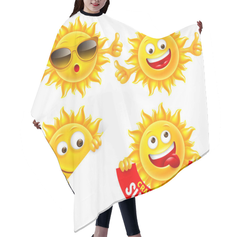 Personality  Set Of Cheerful Sun Characters. Showing Thumbs Up, Holding Summer Sale Banner, With Sunglasses. Bright Cartoon Elements For Advertising Design. Vector Illustration. Hair Cutting Cape