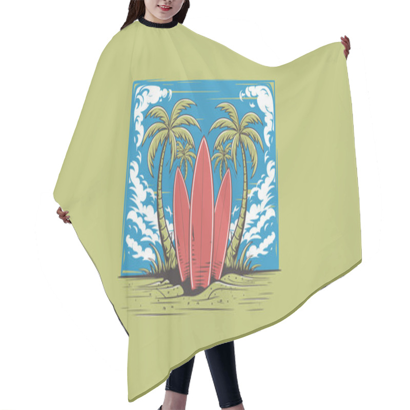 Personality  Three Red Surfboards Standing On A Beach Surrounded By Palm Trees. Hair Cutting Cape