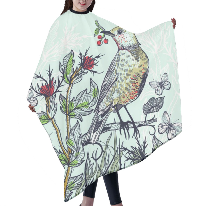 Personality  Vector Illustration Of A Forest Bird And Blooming Thistle Hair Cutting Cape