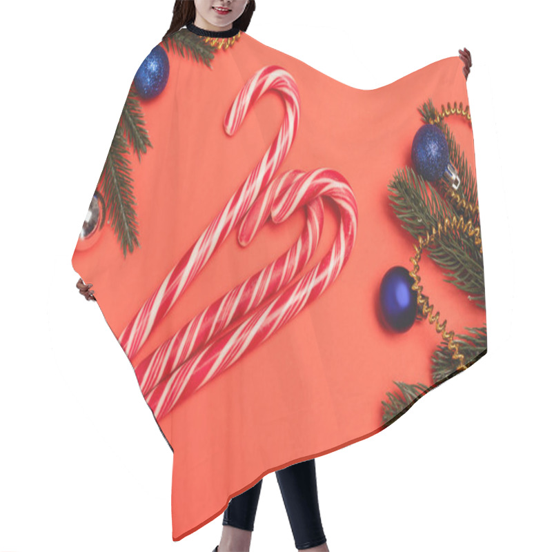 Personality  Top View Of Decorated Christmas Tree And Candy Canes On Red Background Hair Cutting Cape