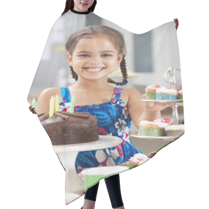 Personality  Girl Standing With Birthday Party Food Hair Cutting Cape