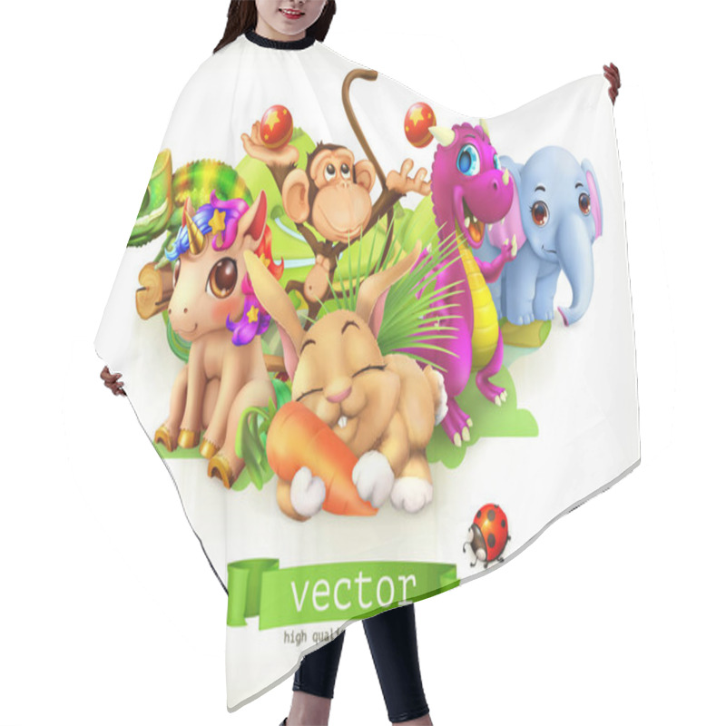 Personality  Fairy Tale Animals. Happy Bunny, Rabbit, Cute Unicorn, Small Dragon, Baby Elephant, Monkey, Chameleon. 3d Vector Hair Cutting Cape