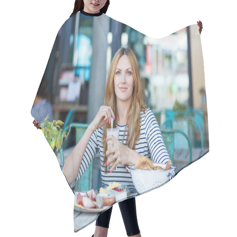 Personality  Young Woman Having Healthy Breakfast In Outdoor Cafe Hair Cutting Cape