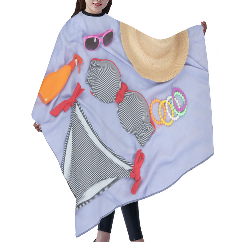 Personality  Swimsuit And Beach Items On Purple Background Hair Cutting Cape