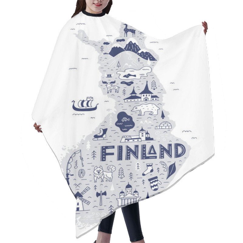 Personality  Finland Cartoon Map. Hand-drawn Touristic Map Of The Country With Main Attractions. Hair Cutting Cape