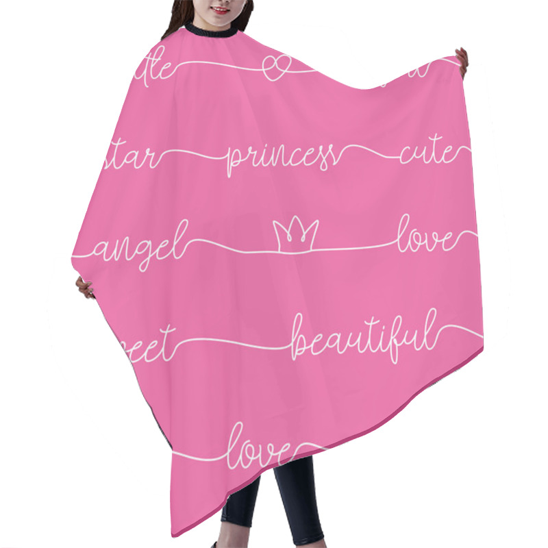 Personality  Pink Seamless Pattern With Hand Drawn White Words: Little, Girl, Star, Princess, Cute, Angel, Love, Sweet, Beautiful, Baby, Love. Continuous Line Heart Drawing. Minimalist Design. Girl Decoration. Hair Cutting Cape