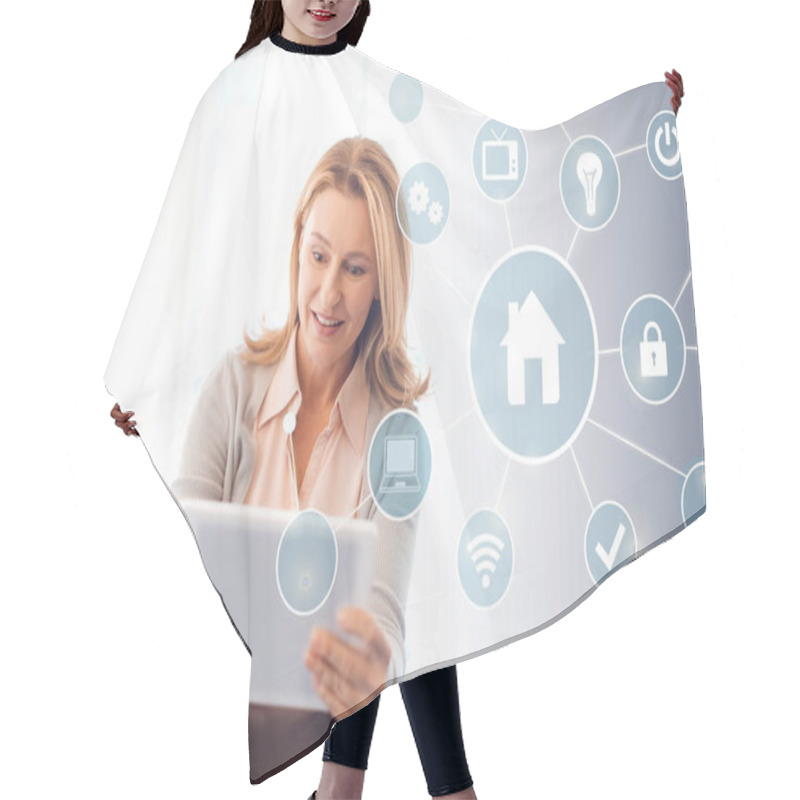 Personality  Pretty Blonde Woman Using Digital Tablet, Smart Home Concept Hair Cutting Cape