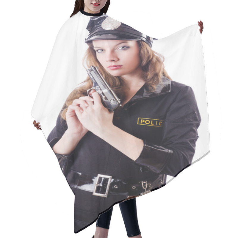 Personality  Female Police Isolated On The White Hair Cutting Cape