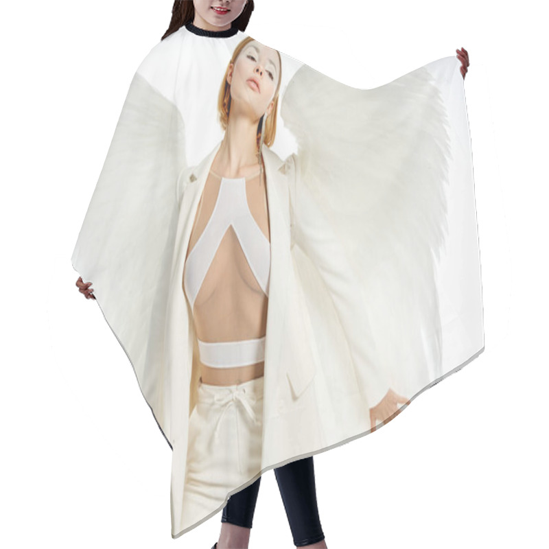 Personality  Charming Woman In Halloween Costume With Angelic Wings Posing On White, Purity And Serenity Hair Cutting Cape