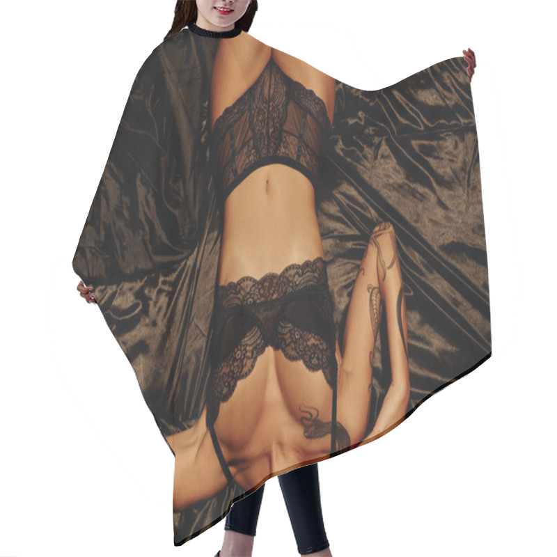 Personality  Top View Of Cropped Woman In Sexy Underwear Lying On Black Satin Bedding Hair Cutting Cape