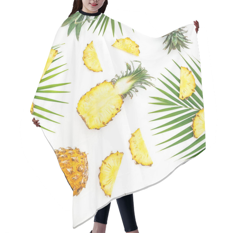 Personality  Food Pattern Of Pineapple Fruits And Palm Leaves On White Background. Flat Lay, Top View. Tropical Concept. Hair Cutting Cape