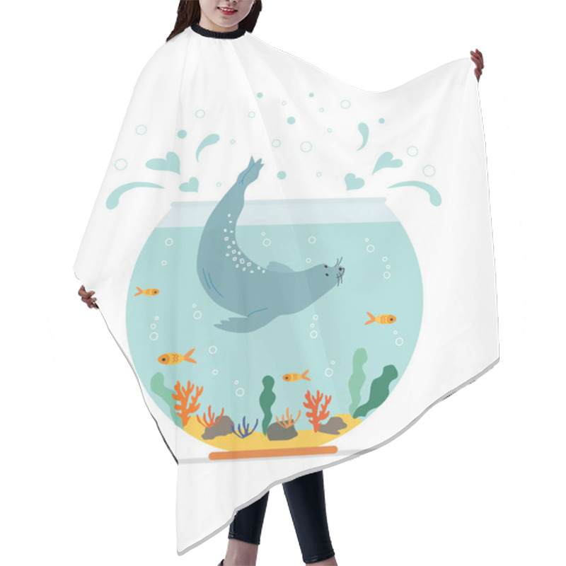 Personality  Marine Underwater Lifestyle. Aquarium With Swimming Gold Exotic Fish And Fur Seal, Sea Bear. Underwater Aquarium Habitat With Sea Plants. Flat Vector Drawn Illustration, Isolated Objects. Hair Cutting Cape