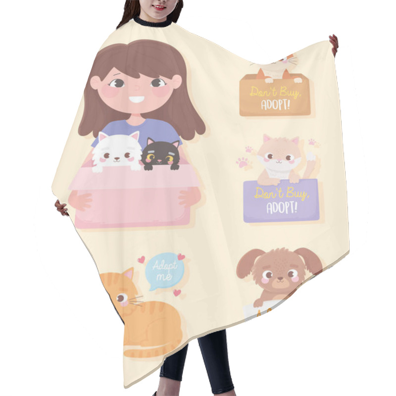 Personality  Adopt A Pet, Girl With Cats In Box And Little Animals With Letterings Hair Cutting Cape