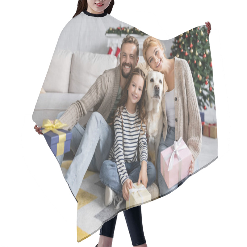 Personality  Cheerful Family Holding Christmas Gifts Near Labrador At Home  Hair Cutting Cape