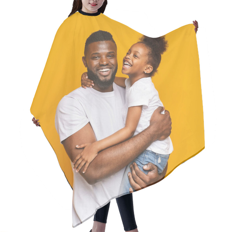 Personality  Happy African Man Embracing His Positive Little Daughter Hair Cutting Cape